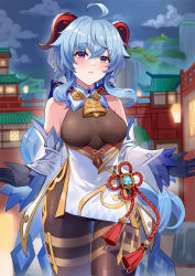 Rule 34 | 1girl, ahoge, bare shoulders, bell, black pantyhose, blue hair, bodysuit, bodysuit under clothes, breasts, cowbell, detached sleeves, ganyu (genshin impact), genshin impact, gloves, goat horns, half-closed eyes, highres, horns, looking at viewer, medium breasts, neck bell, night, outdoors, pantyhose, parted lips, purple eyes, town, wangqi