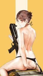 Rule 34 | 1girl, absurdres, arm behind back, bare arms, bare legs, bikini, bikini bottom aside, black bikini, breasts, brown eyes, brown hair, bullpup, closed mouth, clothing aside, commentary request, expressionless, from behind, gun, highres, holding, holding gun, holding weapon, kel-tec ksg, kino shay, looking at viewer, looking back, original, profile, pump-action shotgun, pump action, short hair, short ponytail, shotgun, side ponytail, sideboob, sitting, solo, striped, striped background, swimsuit, weapon, yellow background