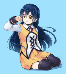 Rule 34 | 1girl, arm up, black thighhighs, blue background, blue hair, closed mouth, commentary request, hair between eyes, hand in own hair, hand up, long hair, looking at viewer, love live!, love live! school idol project, shirona002, simple background, sitting, skirt, smile, solo, sonoda umi, sunny day song, thighhighs, yellow skirt, yokozuwari