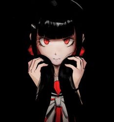 Rule 34 | 1girl, angry, black background, black hair, blunt bangs, closed mouth, commentary request, danganronpa (series), danganronpa v3: killing harmony, hair ornament, hair scrunchie, hairclip, harukawa maki, holding, holding own hair, limited palette, long sleeves, looking at viewer, qosic, red eyes, red scrunchie, red shirt, scrunchie, shirt, simple background, solo