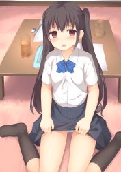 Rule 34 | 1girl, :d, bad id, bad pixiv id, black hair, black socks, blue bow, blue bowtie, blue panties, blue skirt, blush, bow, bowtie, brown eyes, clothes lift, collared shirt, commentary request, cup, drinking glass, eraser, hair between eyes, highres, indoors, kneehighs, lifting own clothes, long hair, looking away, looking to the side, notebook, on floor, open mouth, original, panties, pantyshot, pen, pencil case, pleated skirt, school uniform, shirt, short sleeves, sidelocks, sitting, skirt, skirt lift, smile, socks, solo, table, tareme, twintails, underwear, usagino suzu, wariza, white shirt, wooden table