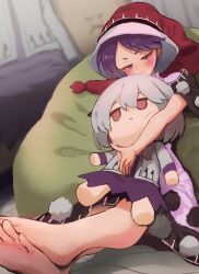Rule 34 | 1girl, bare legs, barefoot, blush, character doll, commentary request, doremy sweet, dress, fumo (doll), gomeifuku, half-closed eyes, hat, highres, holding, holding stuffed toy, kishin sagume, nightcap, perspective, pom pom (clothes), purple eyes, purple hair, solo, stuffed toy, touhou, v-shaped eyebrows