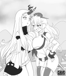 Rule 34 | 3girls, abyssal ship, bikini, bikini top only, blush, boardwalk, boat, breast press, breasts, claws, cloud, collar, confrontation, dakunart, detached sleeves, dress, fingerless gloves, garter straps, giant, giantess, gloves, hands on own hips, hat, hood, horn, iowa (kancolle), kantai collection, large breasts, long hair, metal collar, midriff, mini person, minigirl, monochrome, mountain, multiple girls, navel, nervous, ocean, open mouth, panties, panty peek, pointing, sailboat, scarf, seaport princess, shirt, skirt, sky, sleeveless, sleeveless dress, smile, standing, striped clothes, striped dress, striped legwear, striped scarf, striped skirt, sweatdrop, swimsuit, tank top, thighhighs, underwear, water, watercraft, wrist cuffs