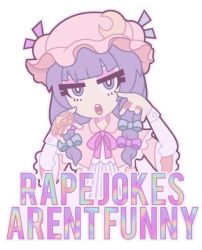 Rule 34 | 1girl, \m/, artist name, bow, bowtie, capelet, crescent, cyrillic, english text, hair bow, hair ornament, hat, hat bow, jewelry, long hair, looking at viewer, macro, meme, mob cap, nekozneko, open mouth, patchouli knowledge, purple eyes, purple hair, ring, solo, star (symbol), striped, text focus, touhou, transparent background, upper body, vest, wide sleeves