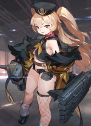 Rule 34 | 1girl, :3, ass, azur lane, bache (azur lane), bare shoulders, belt, black shirt, blonde hair, blouse, blush, collar, commentary request, duplicate, fishnet thighhighs, fishnets, full body, hand on own hip, highres, jacket, looking at viewer, loose socks, navel, sailor collar, shirt, short shorts, shorts, single thighhigh, sleeveless, sleeveless shirt, smile, so-taro, socks, solo, thighhighs, turret, twintails, two side up, white thighhighs