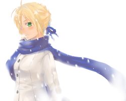 Rule 34 | 00s, 1girl, artoria pendragon (all), artoria pendragon (fate), bad id, bad pixiv id, blonde hair, blue scarf, blush, coat, fate/stay night, fate (series), green eyes, kurot, official alternate costume, ribbon, saber (fate), scarf, snow, solo, winter clothes, winter coat