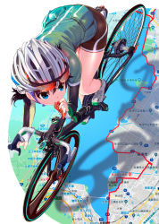 Rule 34 | 1girl, bicycle, bike shorts, black hair, blue eyes, commentary request, eyewear on headwear, from above, green track suit, helmet, highres, jacket, long sleeves, map, mikazuki akira!, original, shoes, short hair, solo, track jacket, track suit, white footwear
