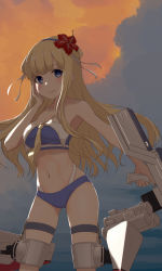 Rule 34 | 1girl, bikini, blonde hair, blue bikini, breasts, commentary request, contrapposto, double bun, fletcher (kancolle), flower, full body, gradient sky, hair bun, hair flower, hair ornament, hairband, hand on own face, hibiscus, highres, kantai collection, large breasts, long hair, looking at viewer, machinery, neve (morris-minicooper), purple eyes, school uniform, serafuku, sky, solo, standing, sunset, swimsuit