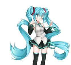 Rule 34 | 1girl, aqua eyes, aqua hair, detached sleeves, hatsune miku, long hair, necktie, nima (4014533), open mouth, simple background, skirt, solo, thighhighs, twintails, very long hair, vocaloid, white background