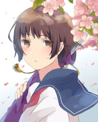 Rule 34 | 1girl, :o, branch, brown eyes, brown hair, character request, cherry blossoms, expressionless, flower, holding, holding sword, holding weapon, looking at viewer, no pupils, parted lips, plant, school uniform, serafuku, sheath, shirota69, short hair, solo, source request, sword, weapon, weapon bag, white background