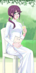 Rule 34 | 1girl, absurdres, bell, book, chair, commentary, cup, disposable cup, drinking straw, glasses, green eyes, hair bell, hair ornament, highres, holding, holding book, holding cup, hoshimi junna, leaf, nguyen tam lee, pants, purple hair, shoujo kageki revue starlight, sitting, solo, vietnamese clothes, vietnamese dress, white pants