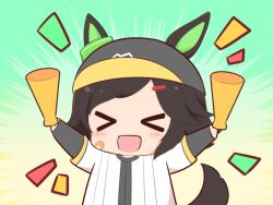 Rule 34 | &gt; &lt;, 1girl, :d, animal ears, arms up, bandaid, bandaid on cheek, bandaid on face, baseball cap, black hair, black hat, blush stickers, brown background, chibi, closed eyes, ears through headwear, facing viewer, gomashio (goma feet), gradient background, green background, hair ornament, hairclip, hat, holding, holding megaphone, horse ears, horse girl, horse tail, layered sleeves, long sleeves, megaphone, notice lines, open mouth, shirt, short over long sleeves, short sleeves, smile, solo, swept bangs, tail, umamusume, white shirt, winning ticket (umamusume), xd