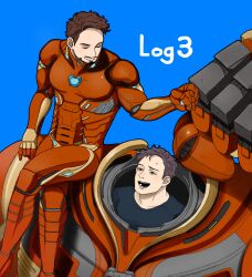 Rule 34 | 2boys, absurdres, arc reactor, arm up, armor, avengers: infinity war, avengers (series), black eyes, black shirt, blue background, blush, brown hair, bruce banner, closed eyes, collarbone, commentary request, crossed legs, facial hair, full armor, grey armor, highres, iron man, long sleeves, looking at another, looking up, male focus, marvel, marvel cinematic universe, multicolored armor, multiple boys, power armor, red armor, shirt, short hair, simple background, sitting, smile, superhero costume, sweatdrop, teeth, tony stark, yakuya iii, yellow armor