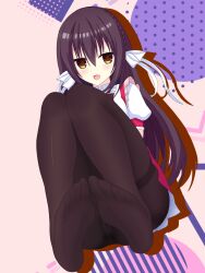 Rule 34 | 1girl, :d, black hair, black pantyhose, blush, braid, cameltoe, commentary, crown braid, drop shadow, feet, foreshortening, full body, hair between eyes, hair ribbon, highres, kaidou mikoto, knees up, legs, long hair, looking at viewer, mixyoxyo, no shoes, open mouth, panties, panties under pantyhose, pantyhose, puffy short sleeves, puffy sleeves, raspberry cube, ribbon, school uniform, shirt, short sleeves, simple background, sitting, smile, soles, solo, thighband pantyhose, toes, underwear, very long hair, white ribbon, white shirt, yellow eyes