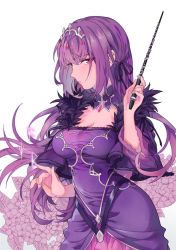 Rule 34 | 1girl, absurdres, bad id, bad pixiv id, breasts, cleavage, commentary request, cowboy shot, dress, expressionless, fate/grand order, fate (series), feather trim, flower, hair between eyes, headpiece, highres, holding, holding wand, hydrangea, large breasts, lilac, lips, looking at viewer, platinum (o0baijin0o), purple dress, purple hair, purple theme, red eyes, runes, scathach (fate), scathach skadi (fate), simple background, solo, tiara, wand, white background, wide sleeves