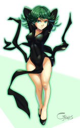 Rule 34 | 1girl, absurdres, arms behind head, black dress, black footwear, breasts, cjhomics, closed mouth, covered erect nipples, curly hair, dress, full body, green background, green eyes, green hair, highres, legs, matching hair/eyes, medium breasts, no panties, one-punch man, short hair, solo, tatsumaki, white background