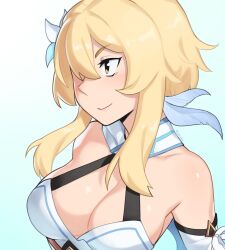 Rule 34 | 1girl, bare shoulders, blonde hair, breasts, cleavage, detached sleeves, dress, flower, genshin impact, hair between eyes, hair flower, hair ornament, hair over one eye, highres, large breasts, long hair, lumine (genshin impact), rob ishi, shiny skin, simple background, smile, solo, upper body, white background, white flower, yellow eyes
