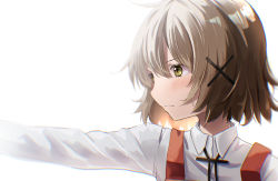 Rule 34 | 1girl, absurdres, brown hair, commentary request, from side, hair ornament, hidamari sketch, highres, long sleeves, looking away, percy pyl, portrait, school uniform, shirt, short hair, solo, upper body, white background, white shirt, x hair ornament, yamabuki high school uniform, yuno (hidamari sketch)