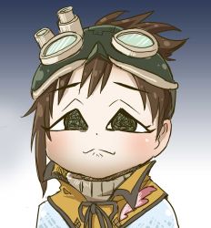 Rule 34 | 1girl, :3, brown hair, chamaji, commentary request, goggles, goggles on head, gradient background, grey eyes, handler (monster hunter world), highres, looking at viewer, monster hunter, monster hunter: world, monster hunter (series), neck ribbon, portrait, ribbon, solo