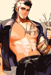 Rule 34 | 1boy, abs, bara, bare pectorals, beard, belt, between pectorals, black pants, branch, bulge, cherry blossoms, facial hair, final fantasy, final fantasy xv, gladiolus amicitia, hair slicked back, highres, holding, in higashiyama, jewelry, large pectorals, leather, leather pants, long sideburns, looking at viewer, male focus, mature male, medium hair, muscular, muscular male, navel, necklace, nipples, open clothes, open shirt, pants, pectorals, scar, scar across eye, scar on face, sideburns, smile, solo, stomach, stubble, thick eyebrows, undercut