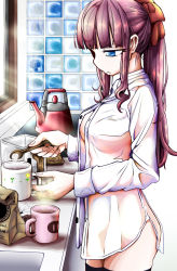 Rule 34 | 10s, 1girl, bad id, bad pixiv id, bag, black thighhighs, blue eyes, blunt bangs, breasts, coffee, cup, day, expressionless, fingernails, from side, indoors, kitchen, long hair, long sleeves, morning, mug, naked shirt, new game!, no bra, open clothes, open shirt, pot, purple hair, see-through silhouette, shirt, sink, solo, spoon, steam, sunlight, takimoto hifumi, thighhighs, thighs, tmr