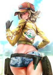 Rule 34 | 10s, 1girl, ass, baseball cap, belt, black gloves, blonde hair, butt crack, character name, cidney aurum, cloud, cropped jacket, day, denim, denim shorts, dirty, dirty face, final fantasy, final fantasy xv, gloves, green eyes, hat, highleg, highleg panties, looking at viewer, looking back, mechanic, midriff, one eye closed, panties, pouch, short hair, short shorts, shorts, sky, smile, solo, souryu, thumbs up, underwear