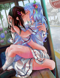 Rule 34 | 2girls, absurdres, bag, bang dream!, bench, black hair, black socks, blue flower, blue hair, blue shirt, bra, bra visible through clothes, brown footwear, bus stop, bus stop sign, bush, closed eyes, commentary, commentary request, day, dutch angle, elocca, english commentary, face-to-face, facing another, fingernails, flower, from side, girl on top, green ribbon, hair between eyes, hair flower, hair ornament, hair ribbon, hairclip, hanasakigawa school uniform, hand on another&#039;s back, hand on another&#039;s head, hand on another&#039;s shoulder, highres, hug, hydrangea, kiss, kneehighs, leg lock, loafers, long hair, matsubara kanon, miniskirt, mixed-language commentary, multiple girls, mutual hug, okusawa misaki, one side up, orange flower, outdoors, pleated skirt, profile, purple bra, purple flower, rain, ribbon, road sign, sailor collar, school bag, school uniform, see-through, serafuku, shiny skin, shirt, shoe soles, shoes, short sleeves, sidelocks, sign, sitting, skirt, socks, straddling, tree, underwear, upright straddle, water drop, wavy hair, wet, wet clothes, wet hair, wet legwear, wet shirt, wet skirt, white legwear, white sailor collar, white skirt, yuri