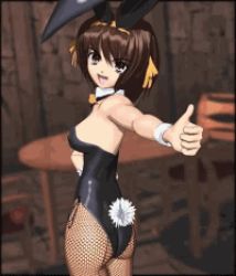 Rule 34 | 00s, 1girl, 3d, animal ears, animated, animated gif, ass, ass shake, blurry, bouncing breasts, bow, bowtie, breasts, brown hair, cleavage, cowboy shot, depth of field, detached collar, fake animal ears, fishnet pantyhose, fishnets, from side, hand on own hip, indoors, leotard, lowres, pantyhose, playboy bunny, rabbit ears, rabbit tail, short hair, solo, standing, suzumiya haruhi, suzumiya haruhi no yuuutsu, tail, thumbs up, wrist cuffs, yellow bow, yellow bowtie