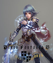Rule 34 | 1girl, armor, blue hair, female focus, full armor, hikari haibane, pixiv fantasia, pixiv fantasia 5, red eyes, short hair, simple background, solo, sword, weapon