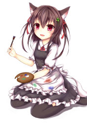 Rule 34 | 1girl, :d, animal ears, apron, black dress, black thighhighs, blush, brown hair, cat ears, clover, clover hair ornament, color guide, dress, fang, four-leaf clover, hair ornament, hair ribbon, highres, kashiwagi yamine, open mouth, original, paintbrush, palette (object), puffy short sleeves, puffy sleeves, red eyes, ribbon, short hair, short sleeves, simple background, sitting, smile, solo, thighhighs, waist apron, wariza, white background