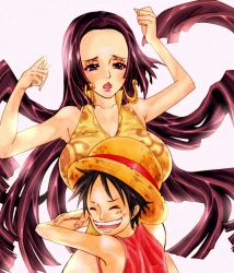 Rule 34 | bad id, bad pixiv id, black hair, boa hancock, breasts squeezed together, breasts, earrings, hat, impel down, jewelry, large breasts, long hair, monkey d. luffy, one piece, poruhi, short hair, snake, straw hat