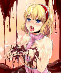 Rule 34 | 1girl, alice margatroid, blonde hair, blue eyes, blush, chocolate, cum, cupping hands, facial, food, open mouth, own hands together, parabora (nipplemokuba), sexually suggestive, short hair, solo, tongue, topless, touhou