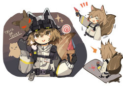Rule 34 | &gt; &lt;, 1girl, :d, > <, ^^^, animal ears, animal ears helmet, arknights, black gloves, blush stickers, brown hair, candy, closed eyes, commentary request, cropped torso, fake animal ears, fire helmet, firefighter, firefighter jacket, food, gelato (food), gloves, grey jacket, holding, holding food, ice cream cone, jacket, lollipop, long sleeves, multiple views, notice lines, open mouth, puffy long sleeves, puffy sleeves, ryu (17569823), shaw (arknights), smile, sparkle, spill, squirrel ears, squirrel girl, squirrel tail, standing, swirl lollipop, tail, teeth, trick or treat, upper body, upper teeth only, xd