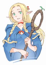 Rule 34 | 1girl, blonde hair, blue capelet, blue robe, braid, breasts, capelet, choker, commentary request, cropped torso, dungeon meshi, elf, green eyes, hair over shoulder, hair ribbon, highres, holding, holding staff, long hair, long sleeves, looking at viewer, marcille donato, parted lips, pointy ears, red choker, red ribbon, ribbon, robe, simple background, small breasts, solo, staff, teeth, twin braids, ug333333, white background, wide sleeves