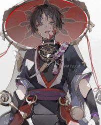 Rule 34 | 1boy, absurdres, alternate eye color, arm armor, artist name, belt, black hair, black shirt, blood, blood on face, bow, commentary, english commentary, genshin impact, gold, grey background, grey eyes, grey pants, hat, highres, jewelry, jingasa, kamui (kurohshiro1), lips, looking at viewer, looking down, male focus, mandarin collar, mitsudomoe (shape), necklace, open mouth, pants, pom pom (clothes), purple belt, red bow, red hat, scaramouche (genshin impact), shirt, short hair, short sleeves, simple background, smile, solo, standing, teeth, tomoe (symbol), tongue, watermark