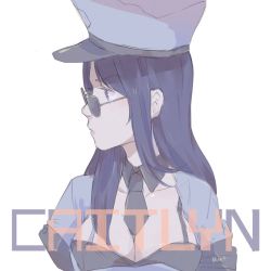 Rule 34 | 1girl, between breasts, black hair, black necktie, breasts, caitlyn (league of legends), character name, collarbone, hat, large breasts, league of legends, long hair, looking to the side, necktie, necktie between breasts, officer caitlyn, police hat, portrait, profile, ruan chen yue, simple background, solo, sunglasses, white background