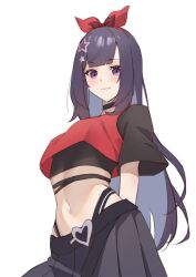 Rule 34 | 1girl, a-soul, arms behind back, azusa hina, black choker, black hair, black shirt, blue skirt, blunt bangs, blush, breasts, character request, choker, closed mouth, commentary request, cowboy shot, cropped shirt, hair ornament, hair ribbon, highres, long hair, looking at viewer, looking down, medium breasts, midriff, navel, pleated skirt, purple eyes, red ribbon, ribbon, shirt, short sleeves, simple background, skirt, smile, solo, star (symbol), star hair ornament, white background
