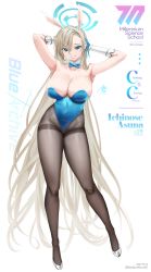 Rule 34 | absurdres, animal ears, armpits, artist name, asuna (blue archive), asuna (bunny) (blue archive), blue archive, blue bow, blue bowtie, blue leotard, bow, bowtie, breasts, brown pantyhose, cleavage, covered navel, detached collar, english text, fake animal ears, gloves, hair over one eye, halo, highleg, highleg leotard, highres, japanese text, large breasts, leotard, light brown hair, long hair, mole, mole on breast, pantyhose, playboy bunny, rabbit ears, ranguage, solo, strapless, strapless leotard, teddyellow, title, traditional bowtie, very long hair, white background, white gloves