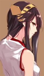 Rule 34 | 10s, 1girl, aosaki yukina, bad id, bad twitter id, black hair, brown background, brown eyes, haruna (kancolle), headgear, kantai collection, long hair, looking at viewer, nape, nontraditional miko, parted lips, simple background, sleeveless, solo
