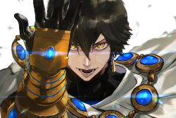 Rule 34 | 1boy, ahoge, black gloves, brown hair, cape, dark skin, dark-skinned male, egyptian, egyptian clothes, fate/grand order, fate/prototype, fate/prototype: fragments of blue and silver, fate (series), gauntlets, gloves, hair between eyes, jewelry, kdm (ke dama), looking at viewer, male focus, necklace, open mouth, ozymandias (fate), simple background, solo, upper body, white background, white cape, yellow eyes