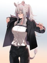 1girl animal_ears bishi_(bishi) black_nails breasts earrings fingernails grey_eyes grey_hair gun handgun highres hololive holster jewelry lion_ears lion_tail long_hair looking_at_viewer nail_polish ponytail sharp_fingernails shishiro_botan simple_background smile solo tail virtual_youtuber weapon