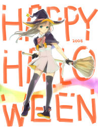 Rule 34 | 00s, 01 0219, 1girl, 2008, ankle boots, bad id, bad pixiv id, boots, broom, brown hair, green eyes, halloween, happy halloween, hat, long hair, original, smile, solo, thighhighs, witch hat, zettai ryouiki