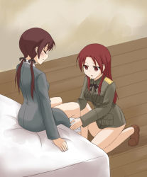 Rule 34 | 2girls, bed, blush, bow, brown hair, couple, closed eyes, gertrud barkhorn, hair bow, kanata (sentiment), kneeling, long hair, minna-dietlinde wilcke, multiple girls, open mouth, red hair, sitting, strike witches, world witches series, yuri