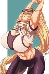 Rule 34 | 1girl, abs, absurdres, armpits, arms up, barghest (fate), black pants, blonde hair, breasts, commission, cowboy shot, eyewear on head, fate/grand order, fate (series), highres, huge breasts, long hair, looking at viewer, muscular, muscular female, own hands together, pants, ponytail, signature, solo, stretching, sunglasses, thick thighs, thighs, ultragruntyy, very long hair