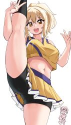 Rule 34 | 2girls, absurdres, bike shorts, bike shorts under skirt, black shorts, black socks, blonde hair, blush, breasts, cheerleader, commentary request, ereka, hair between eyes, highres, jersey, kneepits, leg up, looking at viewer, love live!, love live! nijigasaki high school idol club, medium breasts, midriff, miniskirt, miyashita ai, multiple girls, navel, open mouth, orange hair, pleated skirt, shirt, short ponytail, shorts, shorts under skirt, simple background, skirt, sleeveless, sleeveless shirt, socks, solo focus, split, standing, standing on one leg, standing split, takasaki yu, teeth, upper body, upper teeth only, upskirt, v, white background, yellow skirt