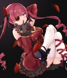 Rule 34 | 1girl, arm warmers, black footwear, black gloves, black ribbon, blush, breasts, cleavage, commentary request, dress, drill hair, eyepatch, frills, garter straps, gloves, hair ribbon, high heels, highres, hololive, houshou marine, houshou marine (gothic lolita), large breasts, leotard, leotard under clothes, long hair, partially visible vulva, petals, red dress, red eyes, red hair, red ribbon, ribbon, rikotan, see-through, see-through cleavage, see-through leotard, sidelocks, sleeveless, sleeveless dress, solo, thighhighs, twin drills, twintails, virtual youtuber, white thighhighs