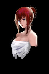Rule 34 | 1girl, absurdres, artist name, bare shoulders, black background, blue eyes, breasts, cleavage, dated, highres, kaneko xz, lips, looking at viewer, makise kurisu, naked towel, portrait, red hair, short hair, signature, simple background, smile, solo, steins;gate, towel