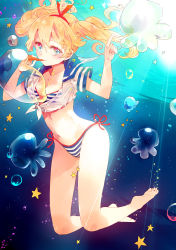 Rule 34 | 1girl, air bubble, barefoot, bikini, blonde hair, blue eyes, breasts, bubble, blowing bubbles, cleavage, freediving, hairband, highres, jellyfish, komochi, legs, long hair, navel, original, smile, solo, star (symbol), sunlight, swimming, swimsuit, twintails, underwater, water