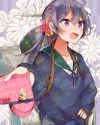 Rule 34 | 10s, 1girl, akebono (kancolle), bell, blue skirt, box, flower, gift, hair bell, hair flower, hair ornament, hand on own hip, heart-shaped box, holding, holding gift, itomugi-kun, jingle bell, kantai collection, long hair, long sleeves, open mouth, purple eyes, purple hair, purple sweater, sailor collar, school uniform, serafuku, side ponytail, skirt, sleeves past wrists, solo, sweater, tsundere, valentine
