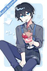 Rule 34 | 1boy, axia krone, black hair, black nails, blue eyes, blue pants, character name, commentary request, fork, highres, male focus, nail polish, nijisanji, pants, solo, sorbet (food), suspenders, utensil in mouth, virtual youtuber, waka (wk4444)
